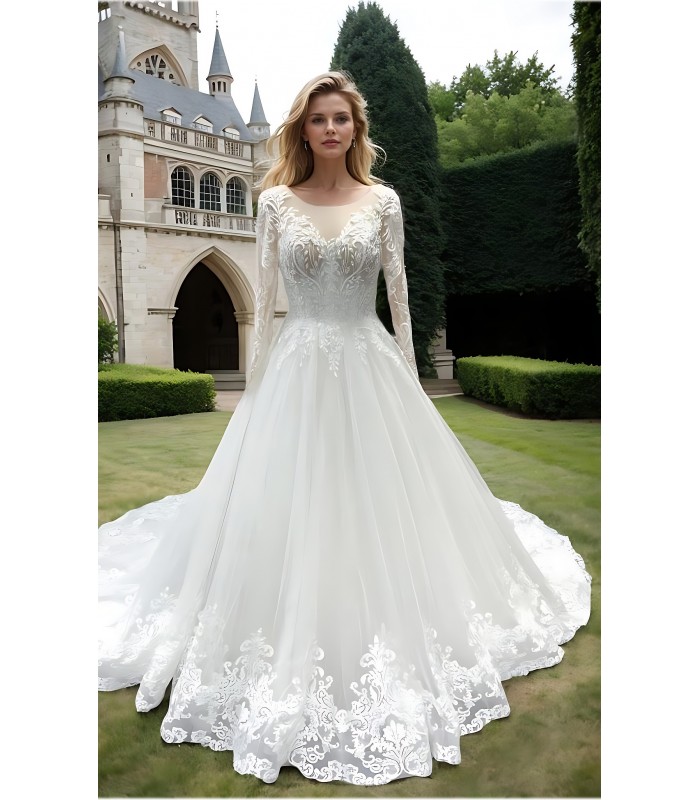 Wedding Dress - Long Sleeves Lace Appliqued Tulle Ball Gown with Sheer Cover Chest and Backline - BLC-B6004