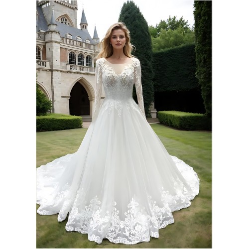 Wedding Dress - Long Sleeves Lace Appliqued Tulle Ball Gown with Sheer Cover Chest and Backline - BLC-B6004