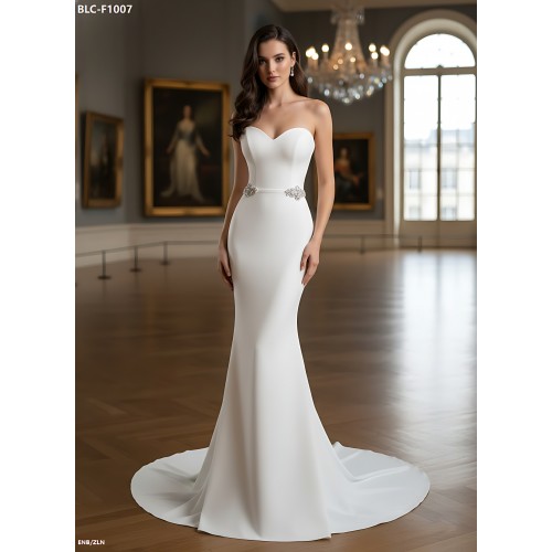 Wedding Dress - Crepe Fitted and Flare with Decorative Rhinestone Side Belts - BLC-F1007