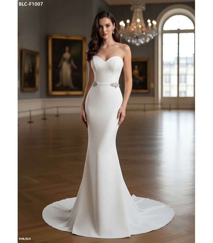 Wedding Dress - Crepe Fitted and Flare with Decorative Rhinestone Side Belts - BLC-F1007