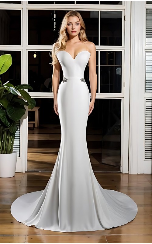 Wedding Dress - Crepe Fitted and Flare with Decorative Rhinestone Side Belts - BLC-F1007