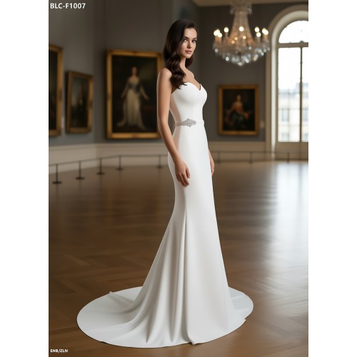 Wedding Dress - Crepe Fitted and Flare with Decorative Rhinestone Side Belts - BLC-F1007