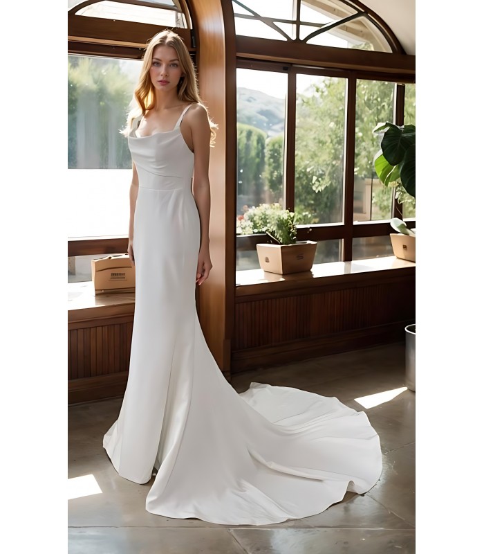 Wedding Dress - Crepe Fitted and Flare with Cowl Neckline - BLC-F2013