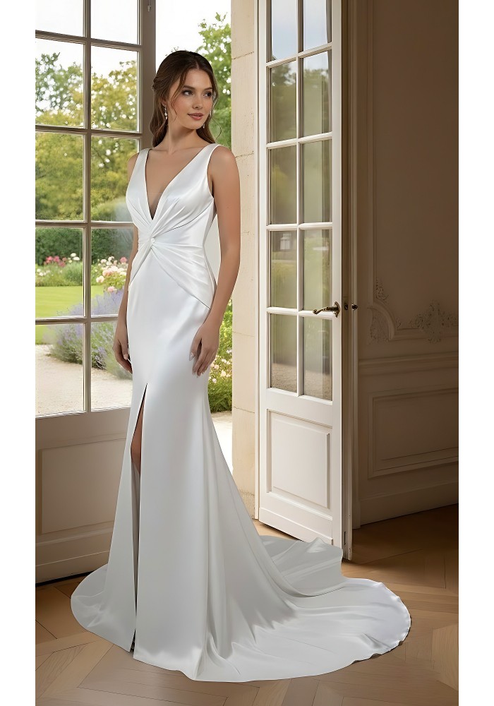 Wedding Dress -Satin Fitted and Flare with Twisted Cross Over Bust Neckline and Slit Skirt -  BLC-F3006