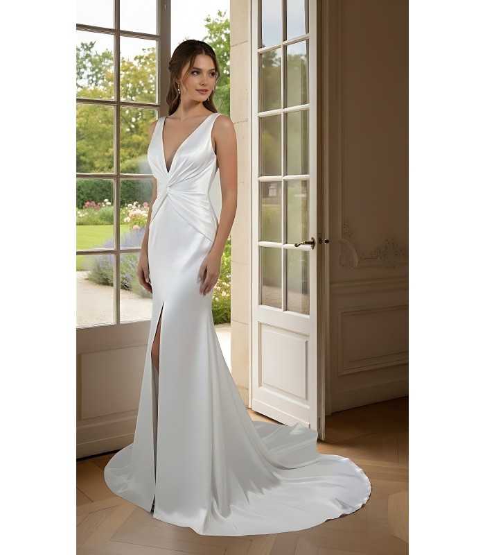 Wedding Dress -Satin Fitted and Flare with Twisted Cross Over Bust Neckline and Slit Skirt -  BLC-F3006