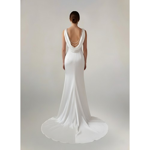 Wedding Dress -Satin Fitted and Flare with Twisted Cross Over Bust Neckline and Slit Skirt -  BLC-F3006