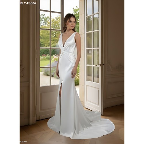 Wedding Dress -Satin Fitted and Flare with Twisted Cross Over Bust Neckline and Slit Skirt -  BLC-F3006