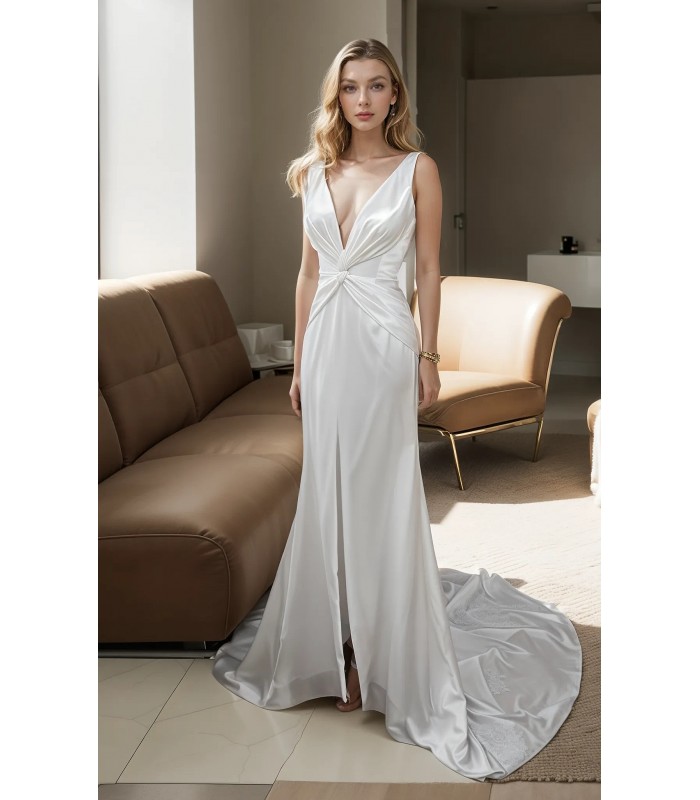 Wedding Dress -Satin Fitted and Flare with Twisted Cross Over Bust Neckline and Slit Skirt -  BLC-F3006