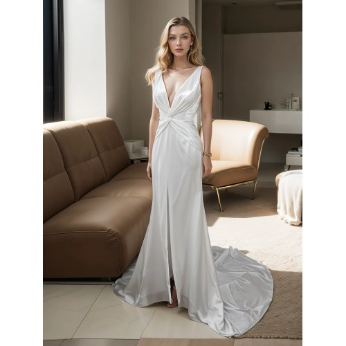 Wedding Dress -Satin Fitted and Flare with Twisted Cross Over Bust Neckline and Slit Skirt -  BLC-F3006