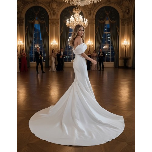 Wedding Dress - Satin Fitted and Flare with Pleated CrossOver Bust Off-Shoulder Sleeves - BLC-F5004