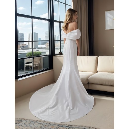 Wedding Dress - Satin Fitted and Flare with Pleated CrossOver Bust Off-Shoulder Sleeves - BLC-F5004