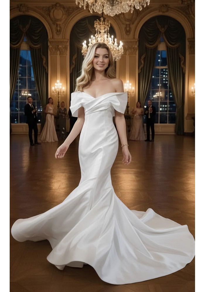 Wedding Dress - Satin Fitted and Flare with Pleated CrossOver Bust Off-Shoulder Sleeves - BLC-F5004
