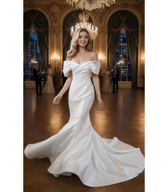 Wedding Dress - Satin Fitted and Flare with Pleated CrossOver Bust Off-Shoulder Sleeves - BLC-F5004