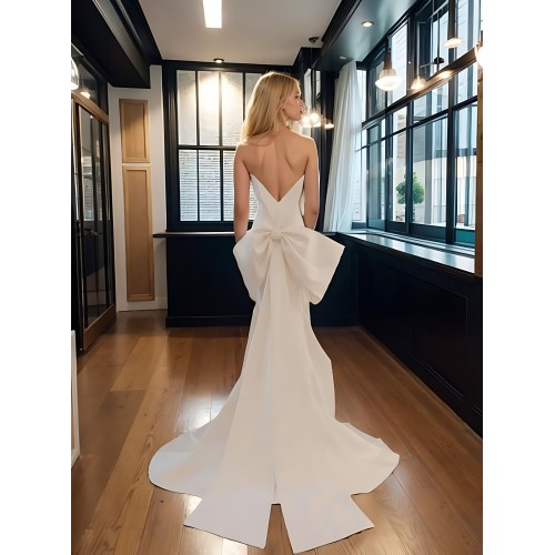 Wedding Dress - Crepe Sheath with Twisted Bust and Detachable Large Bow - BLC-S1005