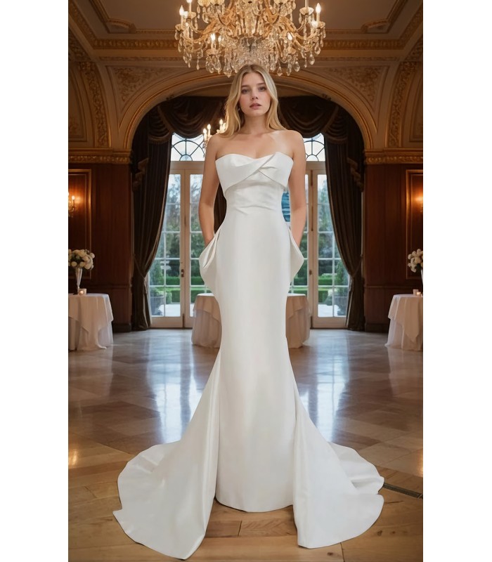 Wedding Dress - Crepe Sheath with Twisted Bust and Detachable Large Bow - BLC-S1005