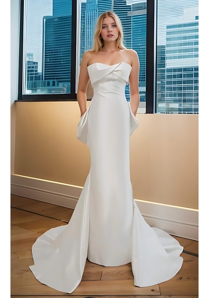 Wedding Dress - Crepe Sheath with Twisted Bust and Detachable Large Bow - BLC-S1005