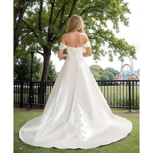 Wedding Dress - Satin Slit Skirt A-line with Pleated Cross-Over Bodice with Detachable Off-Shoulder Straps - BLL-A3002