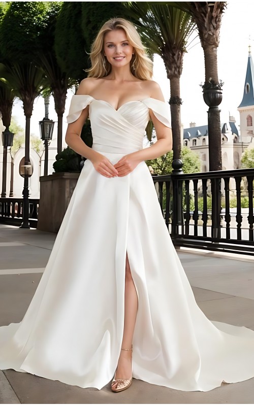 Wedding Dress - Satin Slit Skirt A-line with Pleated Cross-Over Bodice with Detachable Off-Shoulder Straps - BLL-A3002