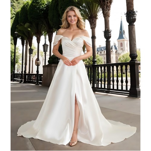 Wedding Dress - Satin Slit Skirt A-line with Pleated Cross-Over Bodice with Detachable Off-Shoulder Straps - BLL-A3002