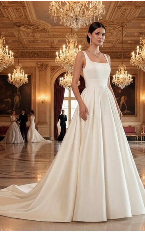 Elegant Square Neck Satin A-Line Gown - BLL-A32358