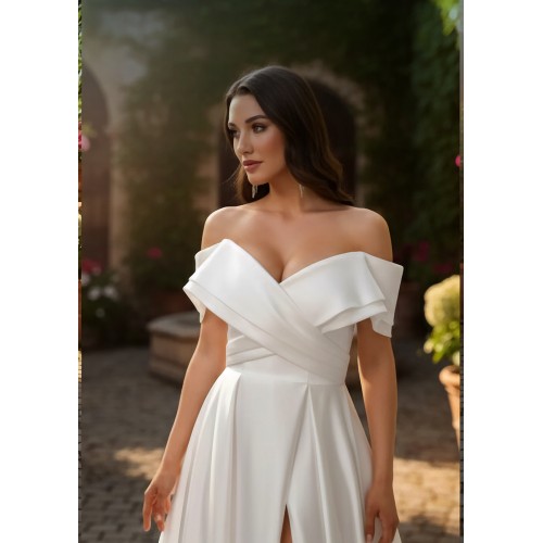 Modern Off-the-Shoulder Satin A-Line Gown with Slit - BLL-A54638