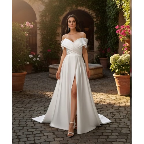 Modern Off-the-Shoulder Satin A-Line Gown with Slit - BLL-A54638