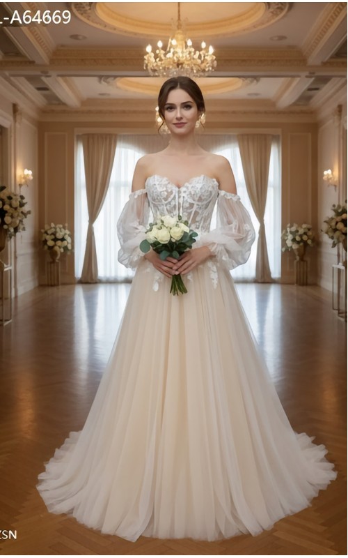 Detachable Off-the-Shoulder Bishop Long Sleeves Tulle A-Line Wedding Dress - BLL-A64669