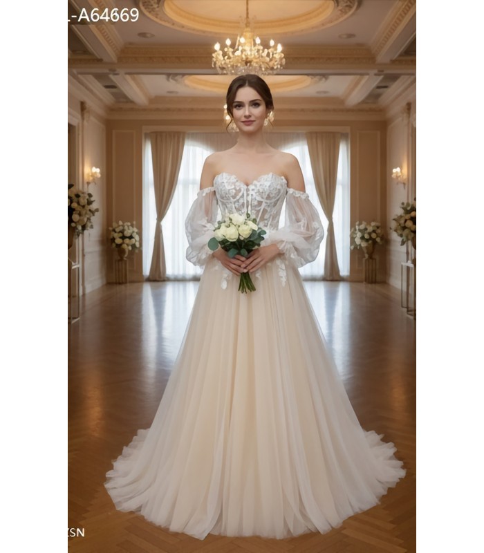 Detachable Off-the-Shoulder Bishop Long Sleeves Tulle A-Line Wedding Dress - BLL-A64669