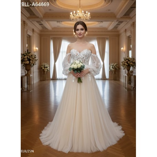 Detachable Off-the-Shoulder Bishop Long Sleeves Tulle A-Line Wedding Dress - BLL-A64669
