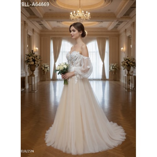 Detachable Off-the-Shoulder Bishop Long Sleeves Tulle A-Line Wedding Dress - BLL-A64669