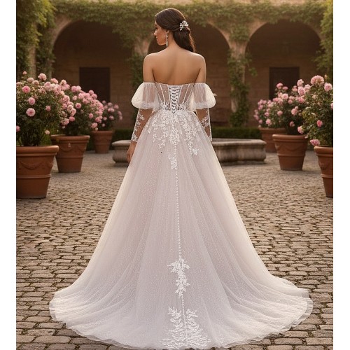 Glitter Tulle A-Line Gown with Corset Bodice and Detachable Sleeves - BLL-A64724