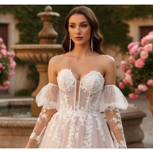 Glitter Tulle A-Line Gown with Corset Bodice and Detachable Sleeves - BLL-A64724