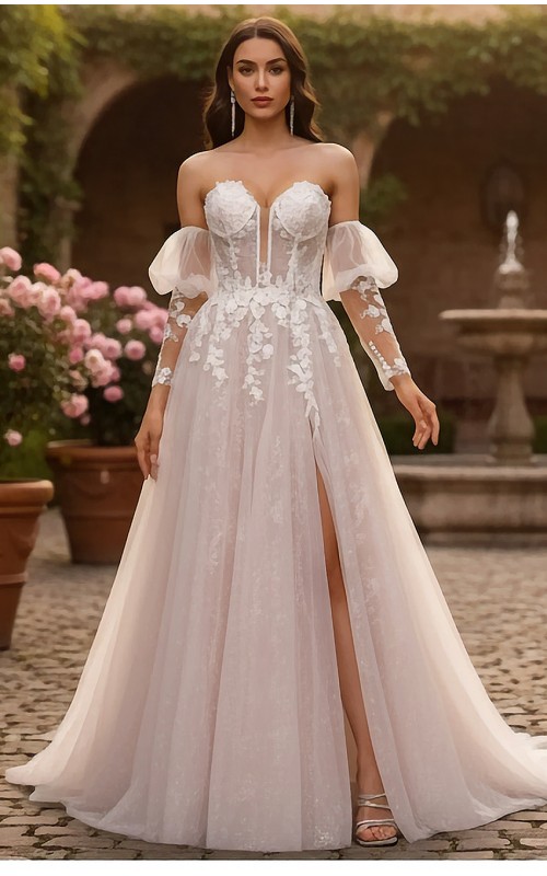 Glitter Tulle A-Line Gown with Corset Bodice and Detachable Sleeves - BLL-A64724