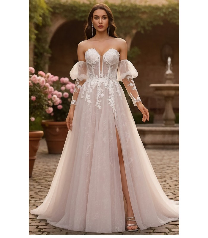 Glitter Tulle A-Line Gown with Corset Bodice and Detachable Sleeves - BLL-A64724