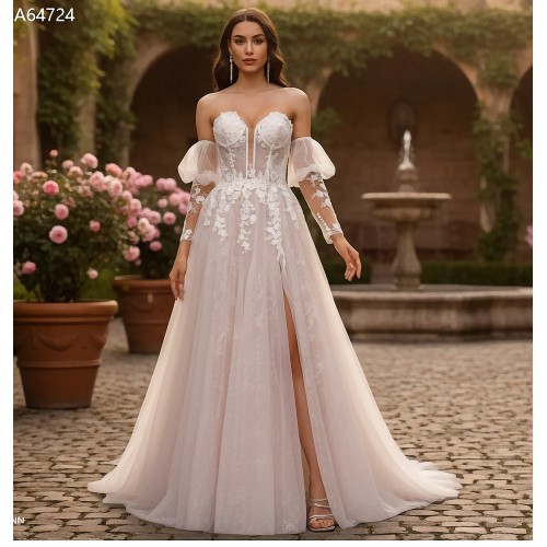 Glitter Tulle A-Line Gown with Corset Bodice and Detachable Sleeves - BLL-A64724
