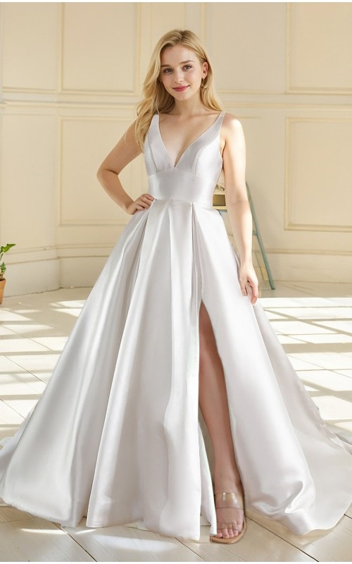 Wedding Dress - Satin Empire Waist Line Ball Gown with Slit Skirt - BLL-B3002