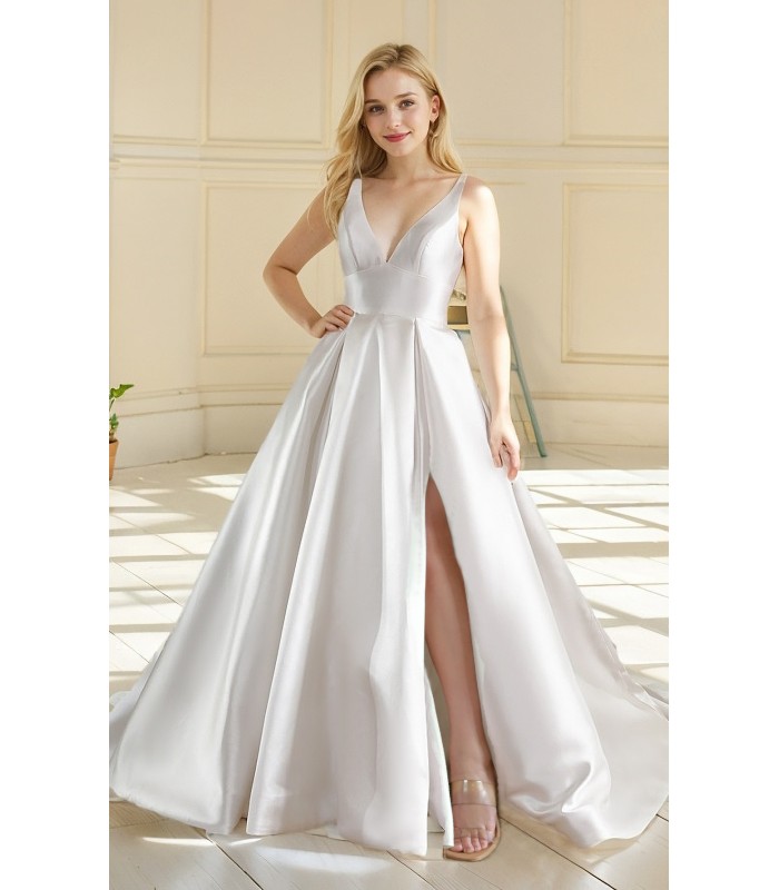 Wedding Dress - Satin Empire Waist Line Ball Gown with Slit Skirt - BLL-B3002