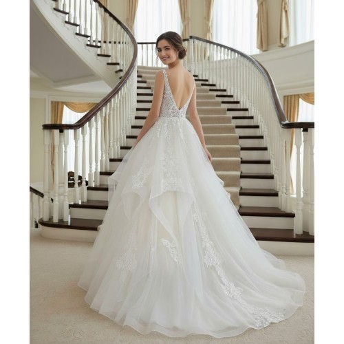 Romantic Plunge V-Neck Ball Gown with Tiered Tulle Skirt and Lace Appliqué - BLL-B34743