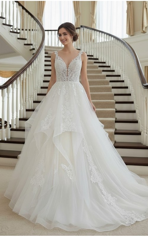 Romantic Plunge V-Neck Ball Gown with Tiered Tulle Skirt and Lace Appliqué - BLL-B34743