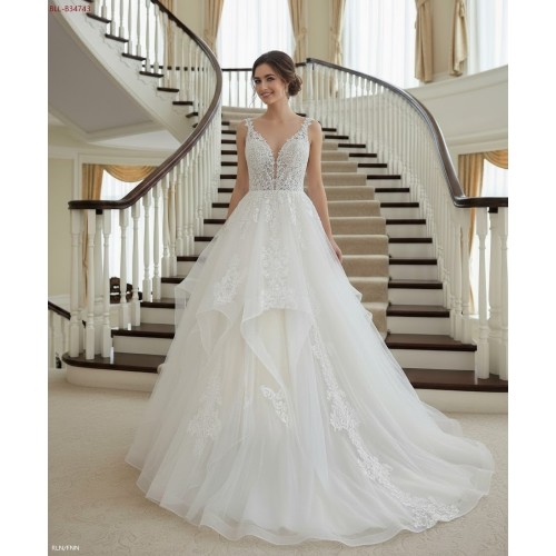 Romantic Plunge V-Neck Ball Gown with Tiered Tulle Skirt and Lace Appliqué - BLL-B34743