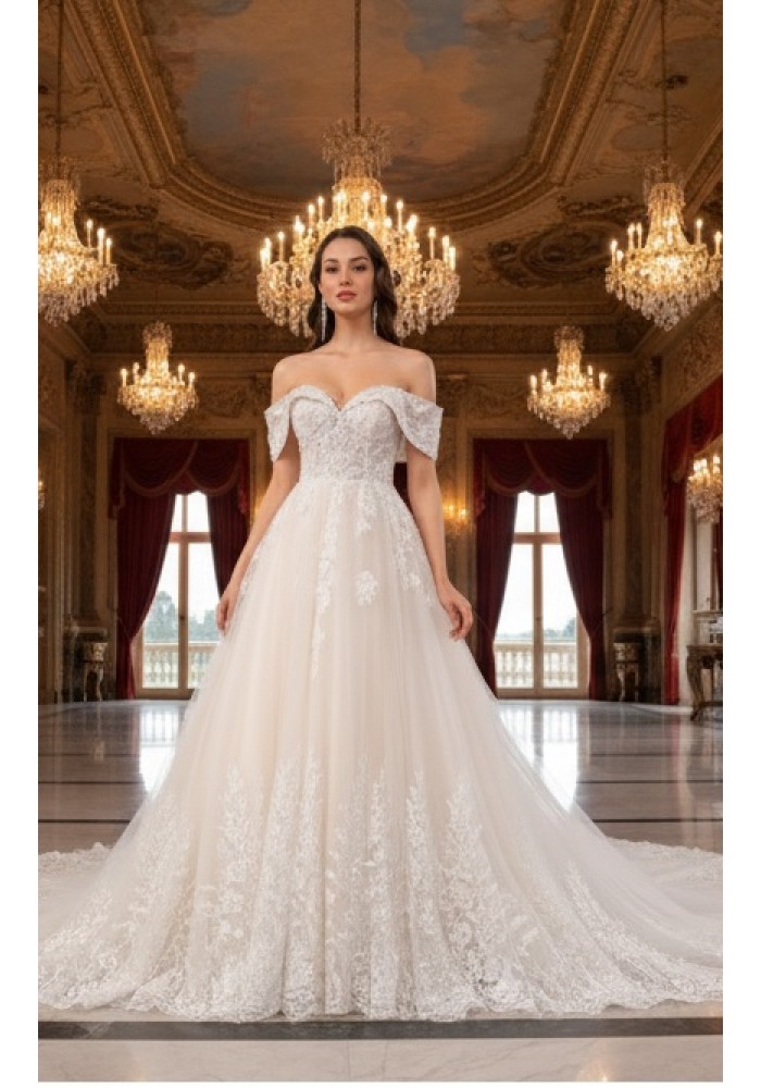 Off-Shoulder Lace & Tulle Ballgown Wedding Dress -  BLL-B54663