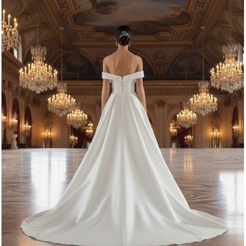 Elegant Off-the-Shoulder Satin Ball Gown with Structured Bodice - BLL-B54803