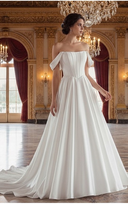 Elegant Off-the-Shoulder Satin Ball Gown with Structured Bodice - BLL-B54803