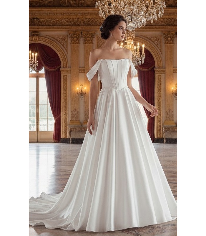Elegant Off-the-Shoulder Satin Ball Gown with Structured Bodice - BLL-B54803