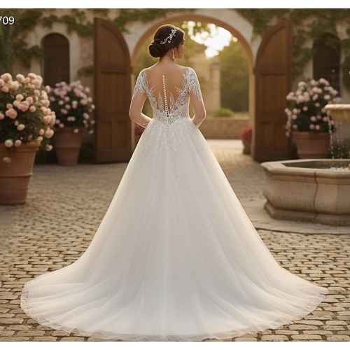 Elegant Long-Sleeve Lace and Tulle Ball Gown with Illusion Neckline - BLL-B64709
