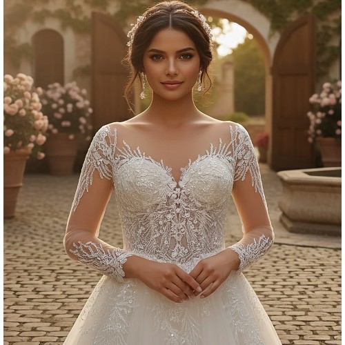 Elegant Long-Sleeve Lace and Tulle Ball Gown with Illusion Neckline - BLL-B64709