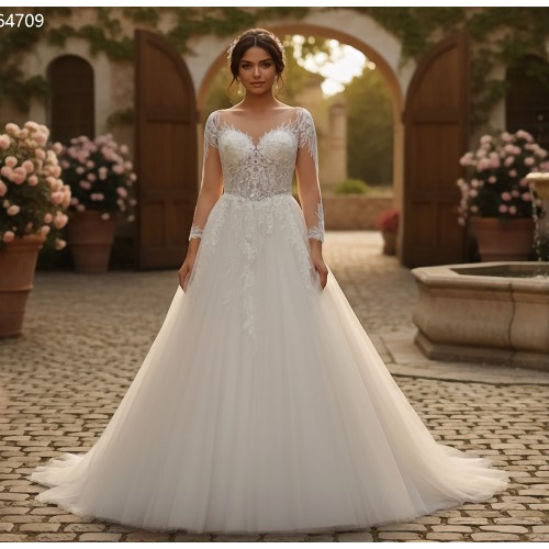 Elegant Long-Sleeve Lace and Tulle Ball Gown with Illusion Neckline - BLL-B64709
