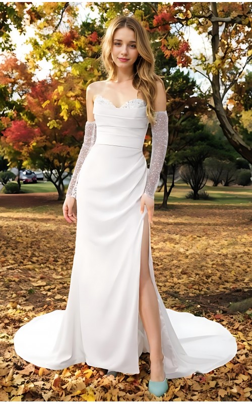 Wedding Dress - Crepe Fitted and Flair Dual Neckline Pleated Slit Skirt with Detachable Beaded Sleeves - BLL-F1005