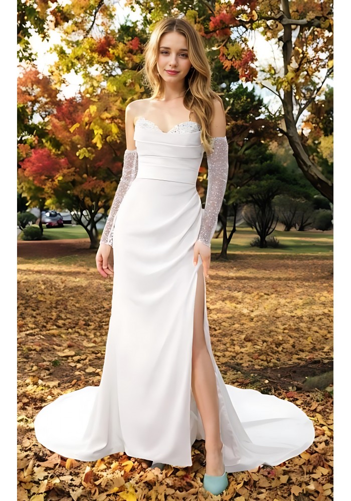 Wedding Dress - Crepe Fitted and Flair Dual Neckline Pleated Slit Skirt with Detachable Beaded Sleeves - BLL-F1005