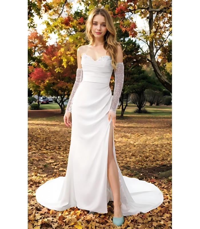 Wedding Dress - Crepe Fitted and Flair Dual Neckline Pleated Slit Skirt with Detachable Beaded Sleeves - BLL-F1005